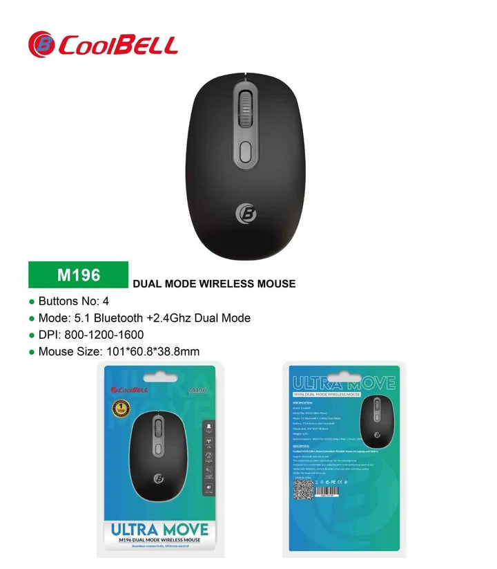 Coolbell M196 Ultra Move Dual Mode Wireless Mouse - Bluetooth 5.1 & 2.4GHz